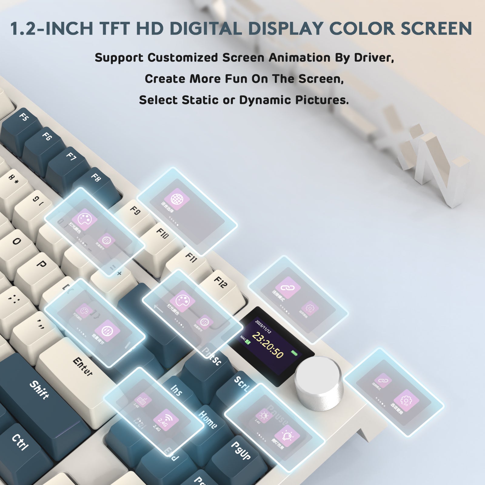 K86PRO keyboard 1.2-inch TFT HD color display with customizable icons and functions.