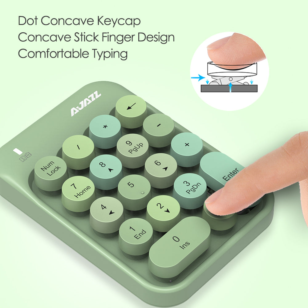 Dot concave keycaps on the AJAZZ AK18 wireless numeric keypad for comfortable typing.