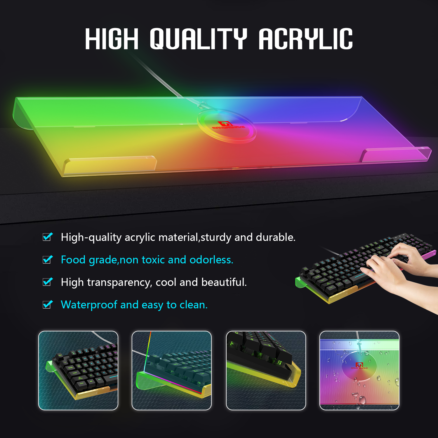 High-quality acrylic RGB keyboard holder showcasing vibrant backlighting and durability.