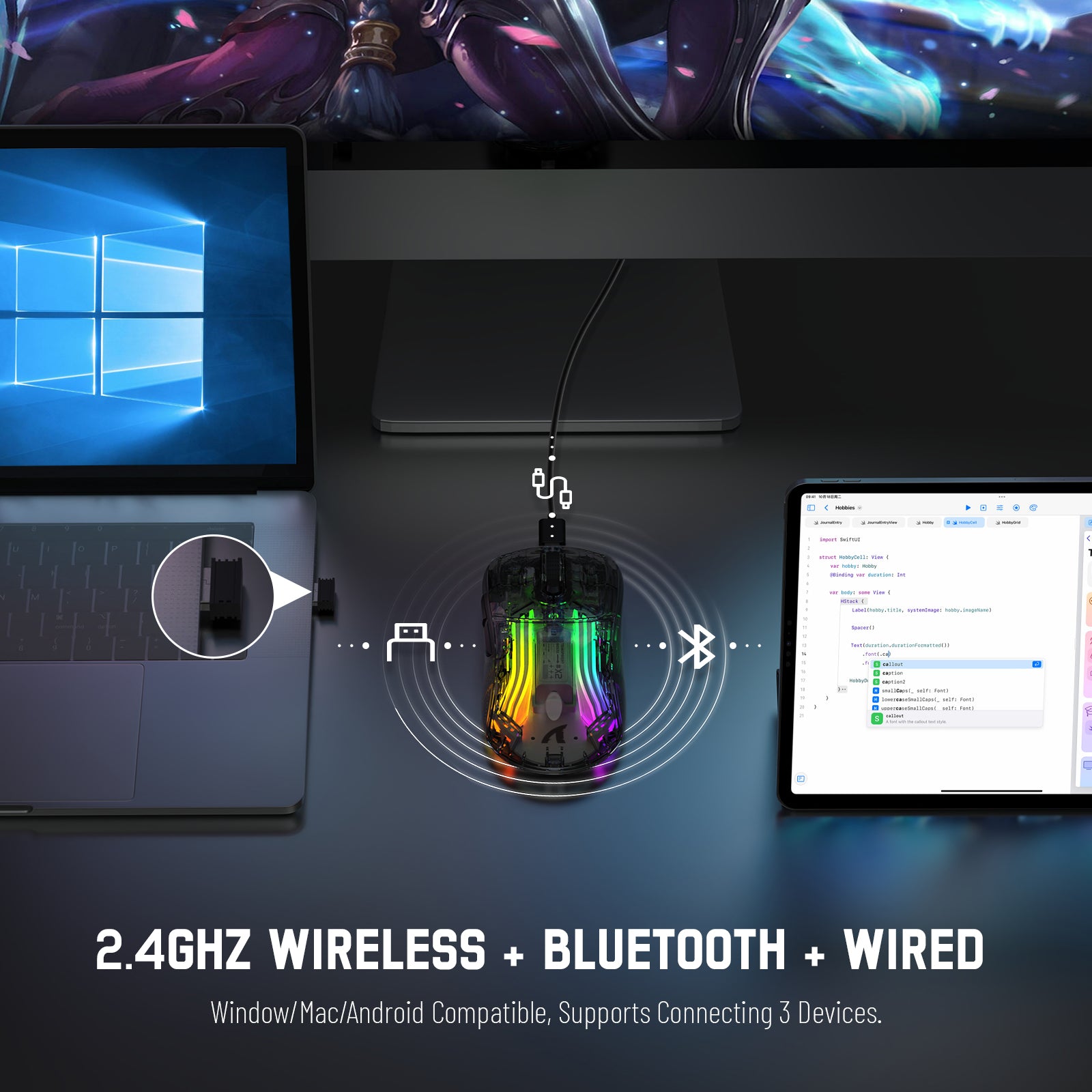 Attack Shark X2 mouse showing tri-mode connectivity: wireless, Bluetooth, and wired.