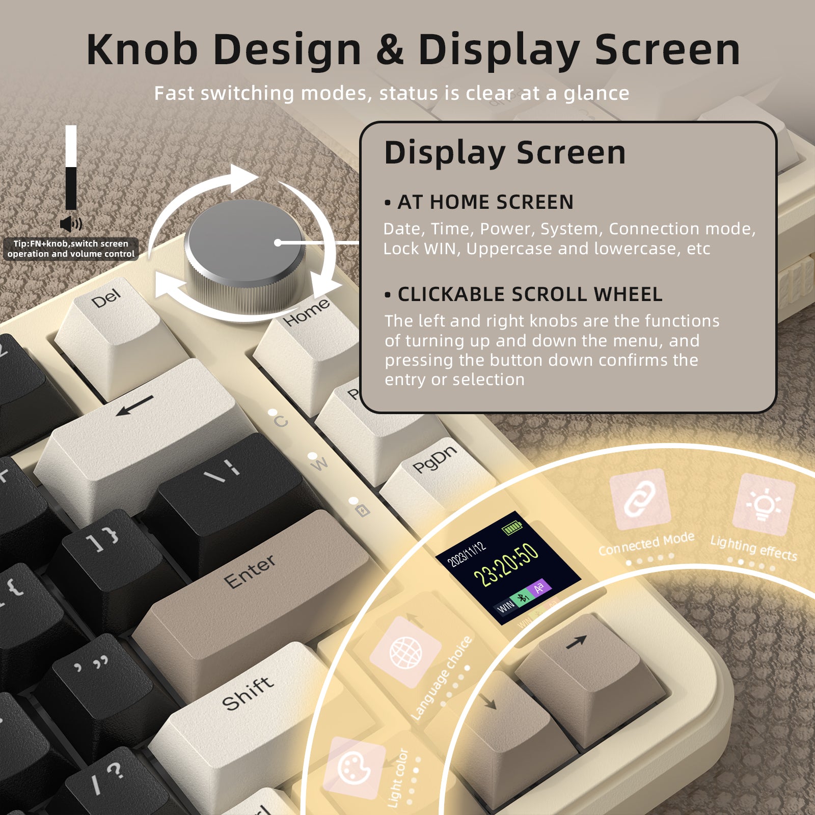 ATTACK SHARK X85PRO keyboard knob with TFT display showing connection modes and status.