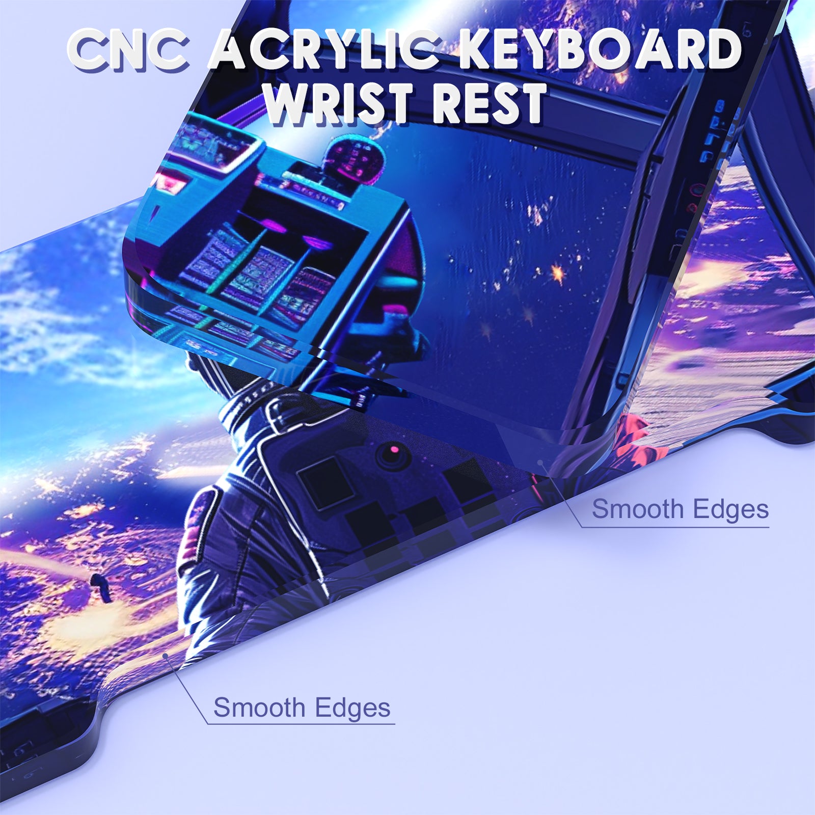 Astronaut acrylic wrist rest with vibrant space theme and smooth edges for ergonomic support.