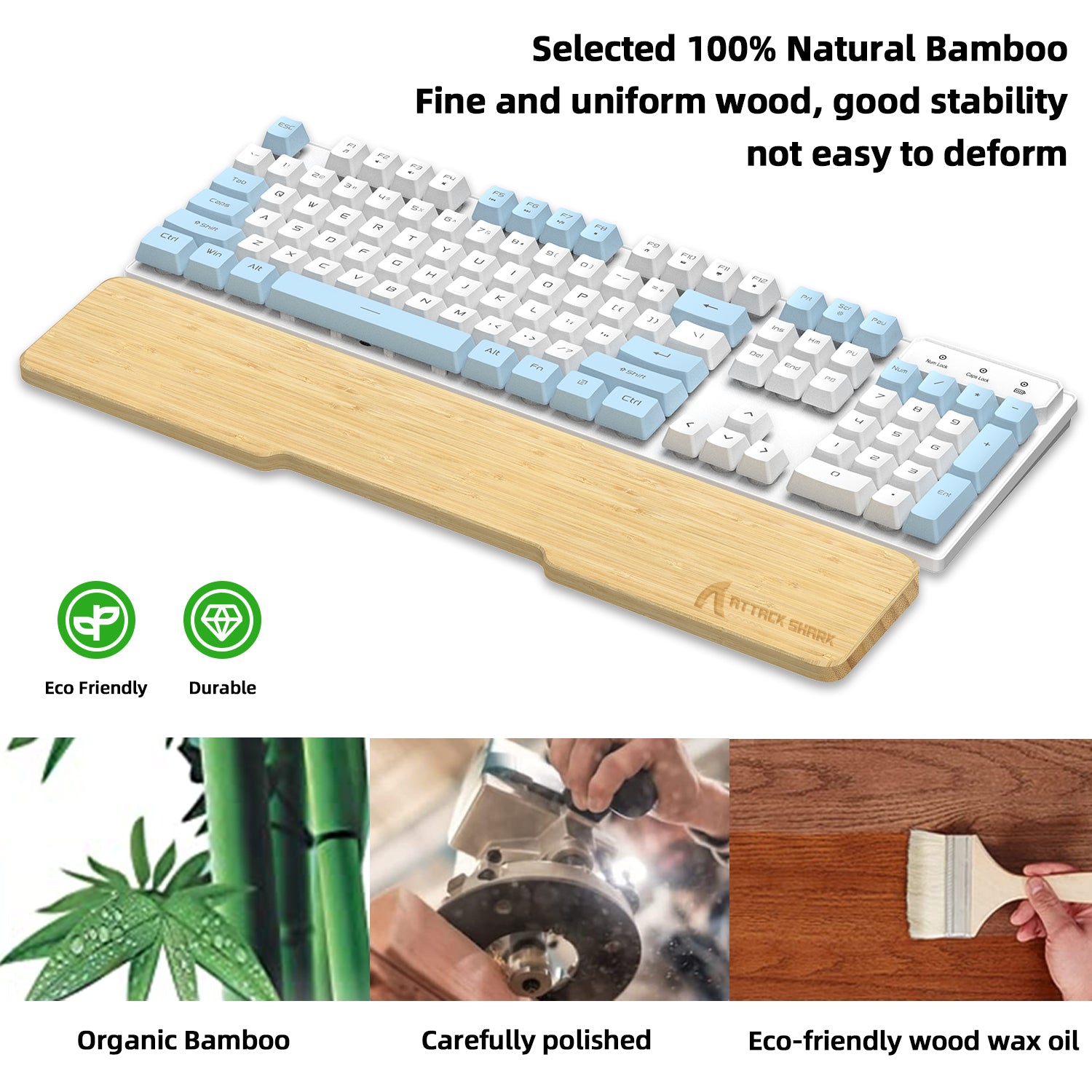 Attack Shark bamboo wrist rest with eco-friendly features and compact blue-white mechanical keyboard.