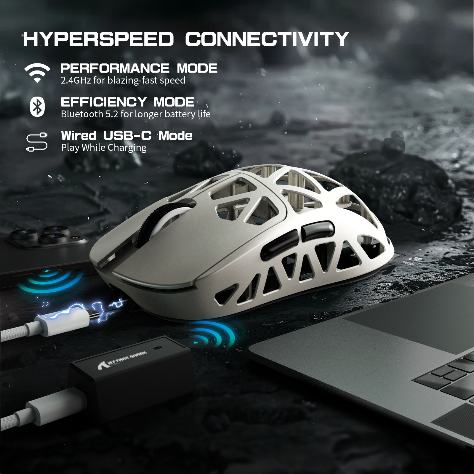 R2PRO Gaming Mouse with HYPERSPEED connectivity, USB-C, and efficient Bluetooth 5.2 mode.