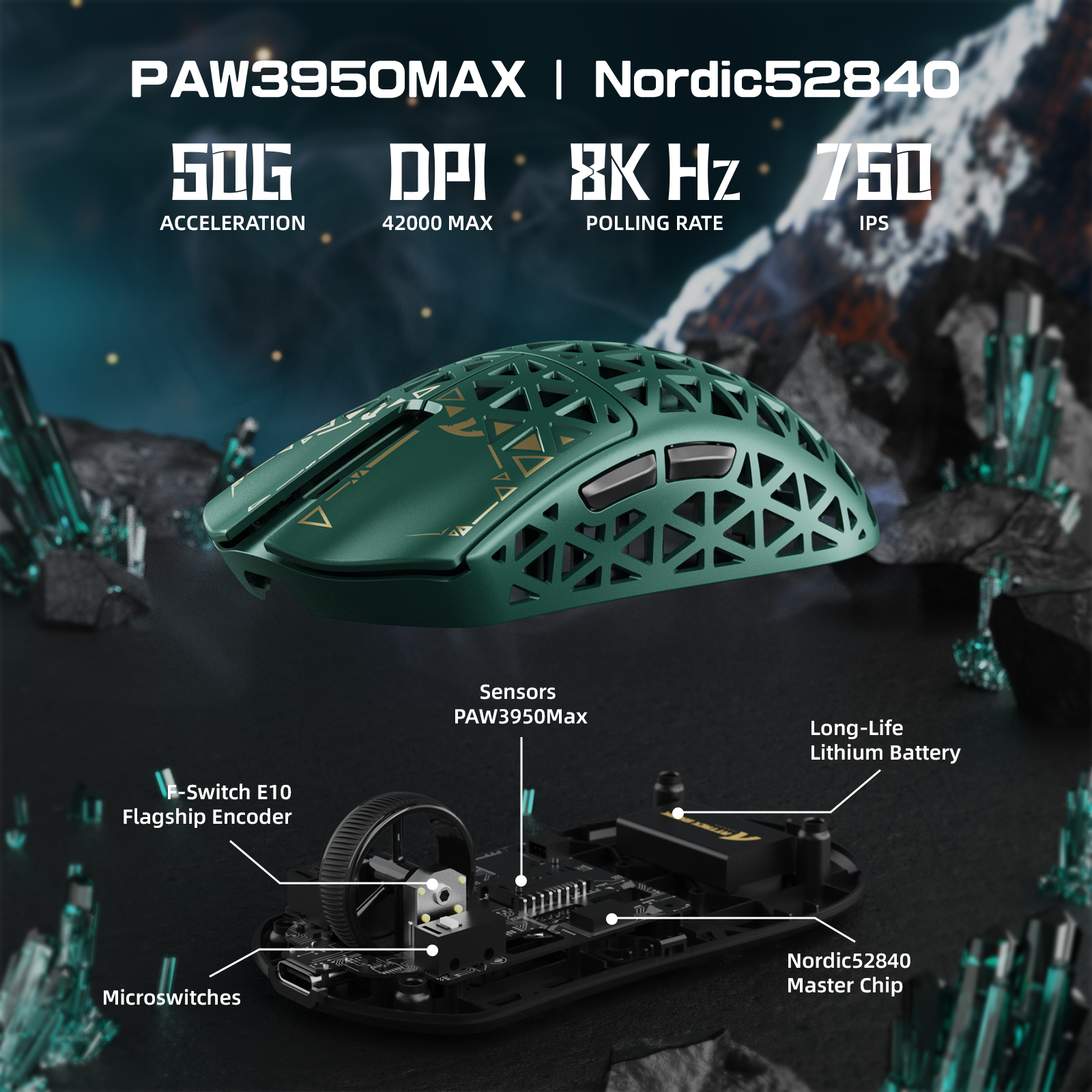 ATTACK SHARK R5 Ultra gaming mouse. Green carbon fiber, honeycomb design, 8K Hz polling, PAW3950MAX sensor, 42000 DPI.
