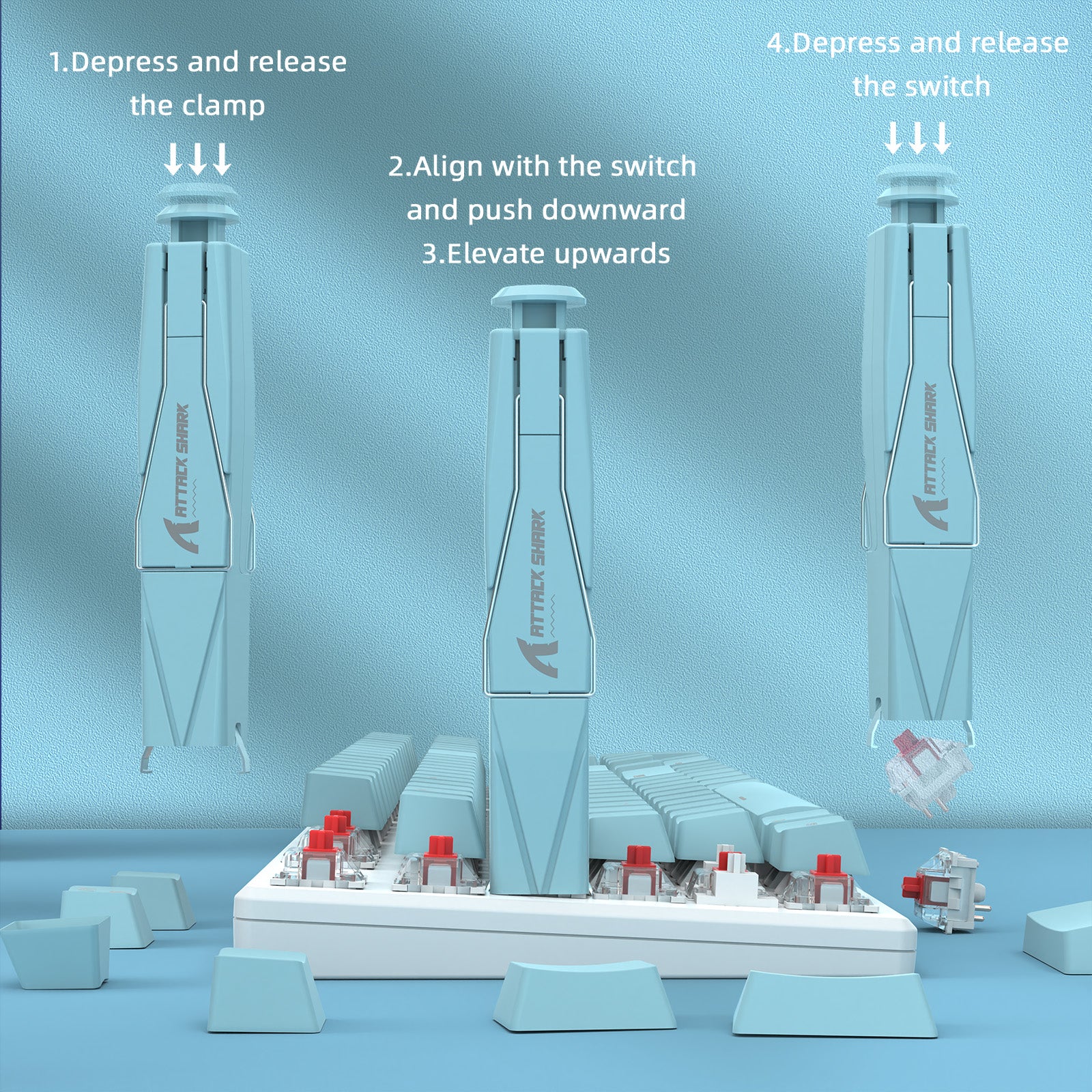 Step-by-step use of Attack Shark keycap and switch puller on mechanical keyboard.