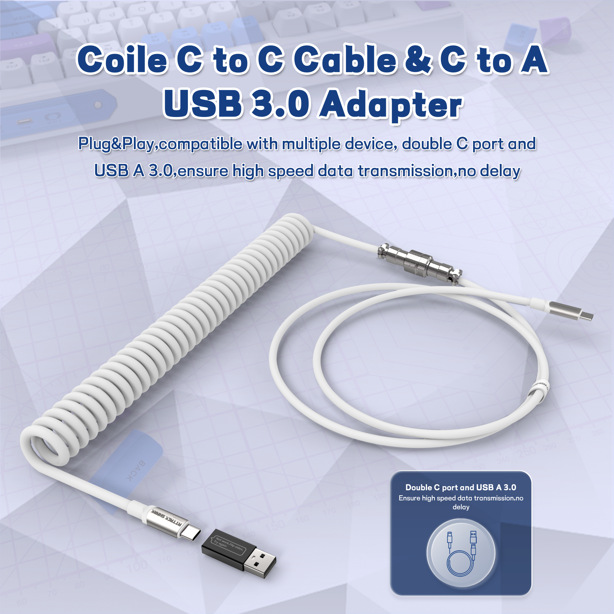 Coiled USB C to USB A cable with high-speed data transmission adapter.