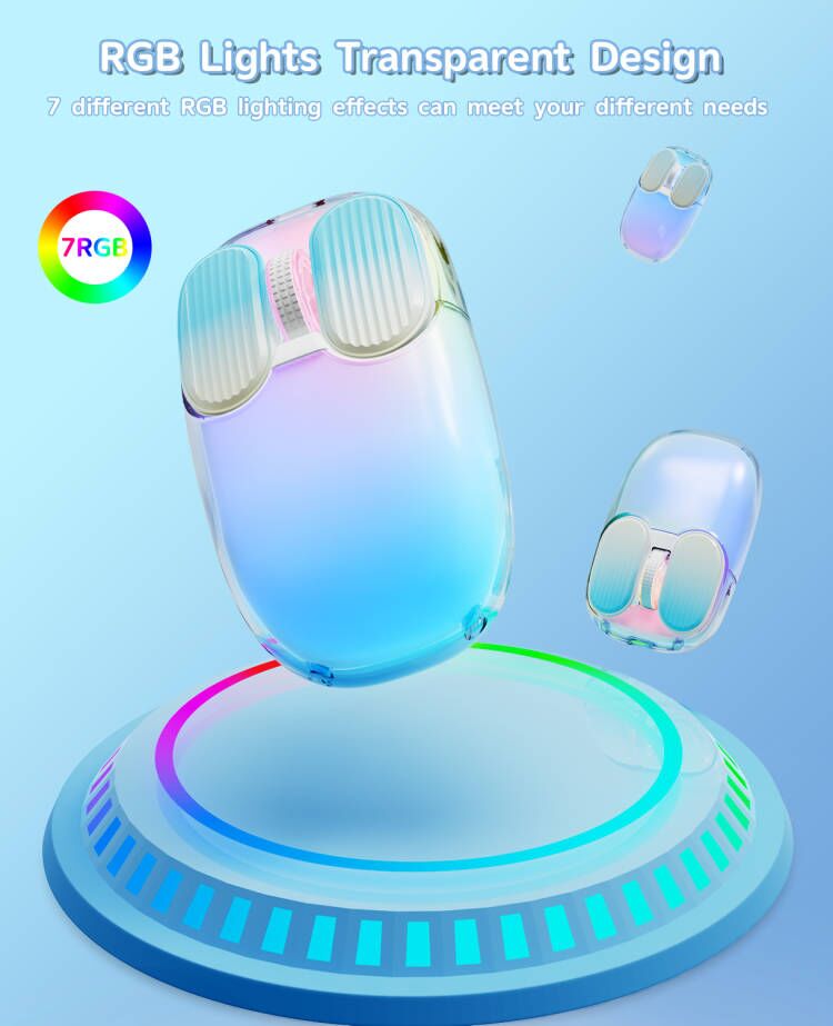 Attack Shark I069 Mini Wireless Mouse with transparent design and 7 RGB lighting effects.