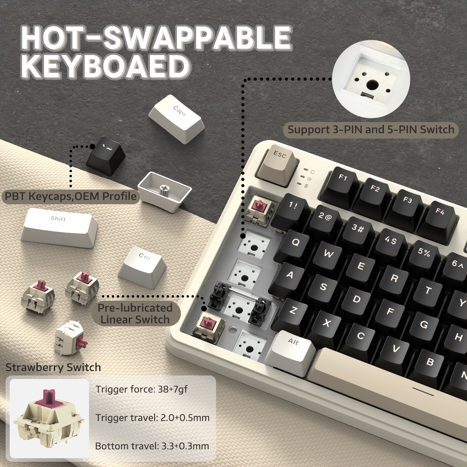 Detail of ATTACK SHARK X87 keyboard showing hot-swappable switches and PBT keycaps.