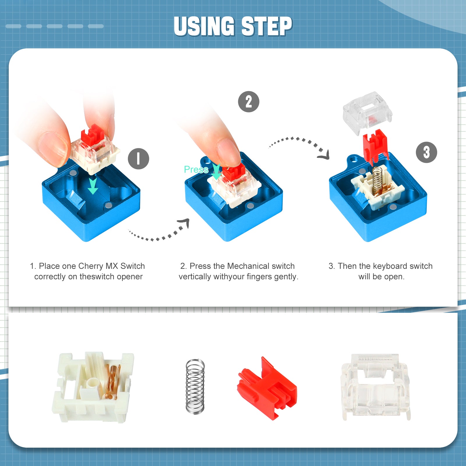 Step-by-step instructions for using Cherry MX switch opener kit.