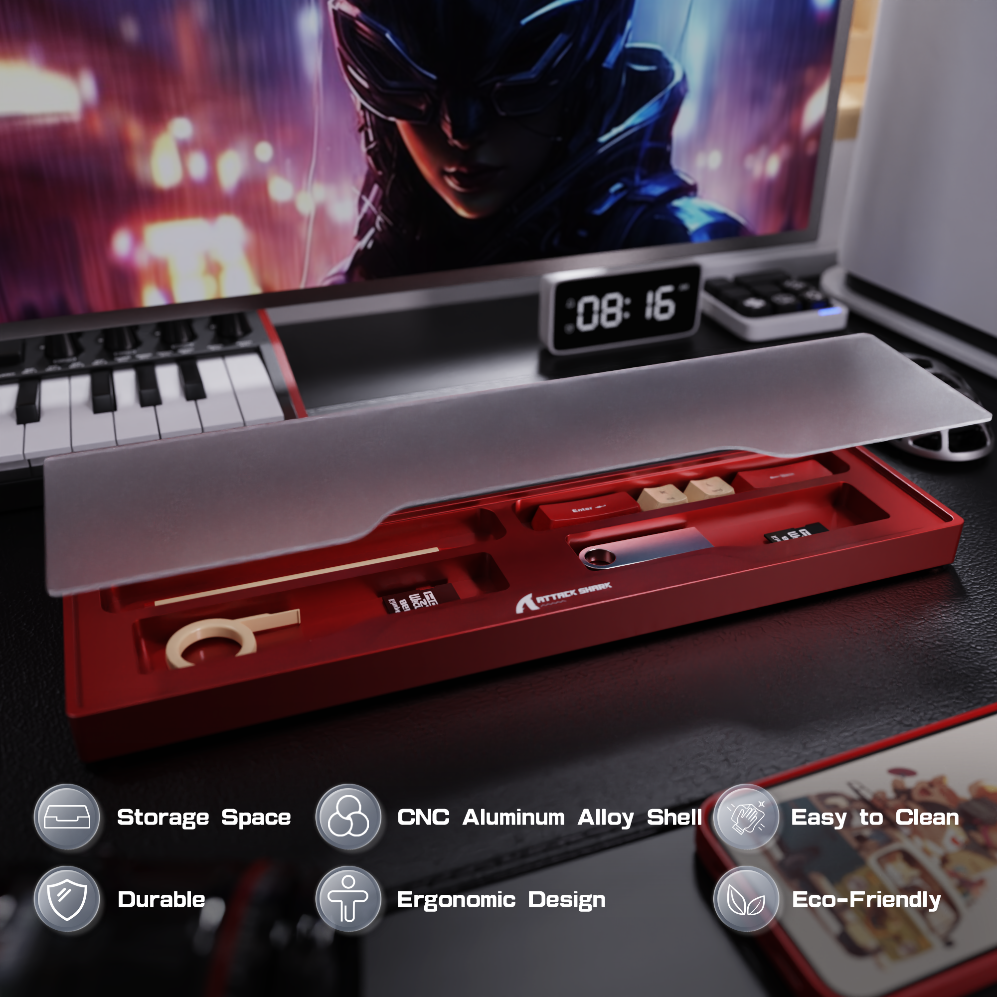 Attack Shark aluminum wrist rest with integrated storage and ergonomic design icons