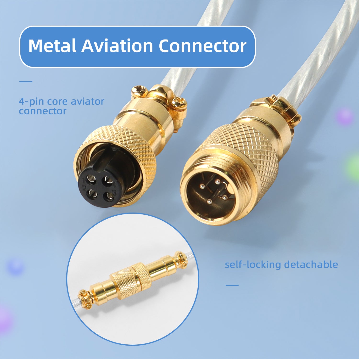 Gold-plated 4-pin metal aviation connector for USB-C keyboard cables.