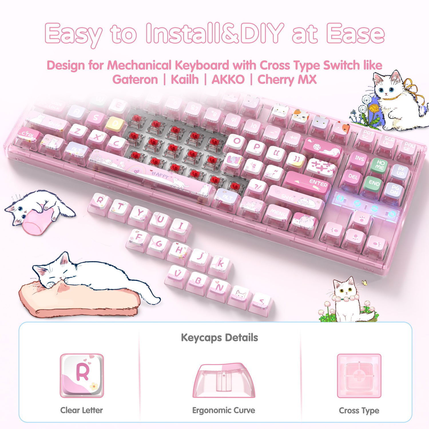 Pink mechanical keyboard with kawaii cat keycaps; easy installation for Cherry MX switches.