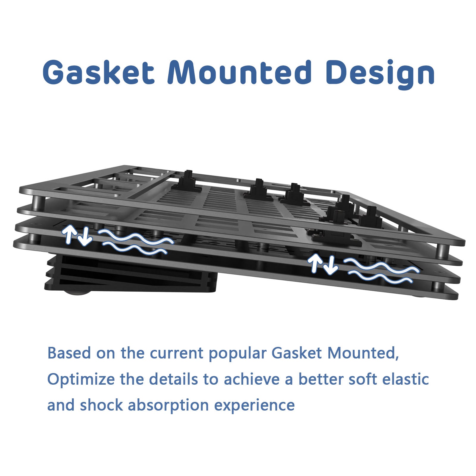 Gasket mounted design for optimized keyboard shock absorption and soft elastic feel.