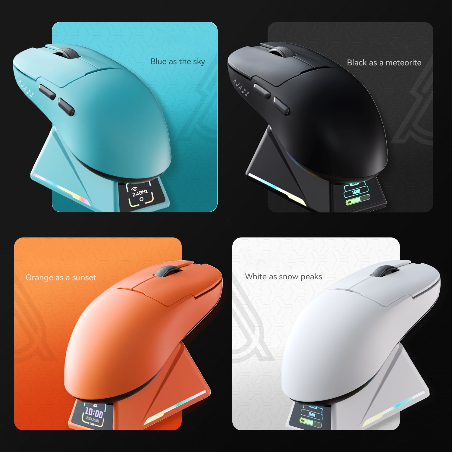 AJAZZ AJ159 APEX gaming mice in blue, black, orange, and white on 8K charging docks