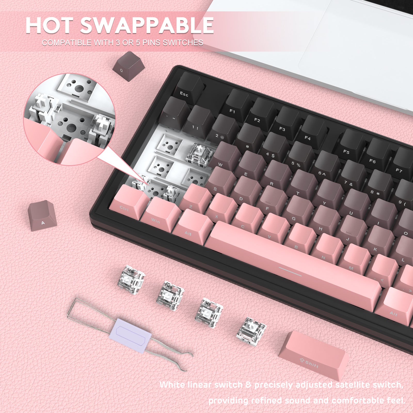 Hot-swappable switches on Attack Shark M87 keyboard with pink gradient keycaps.