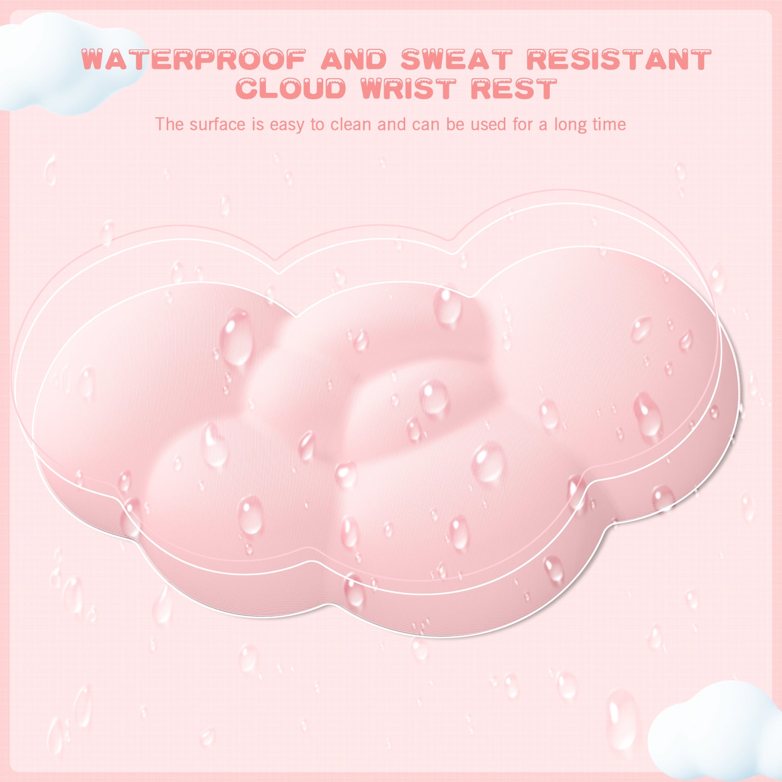 Pink cloud wrist rest with water droplets showcasing waterproof properties.