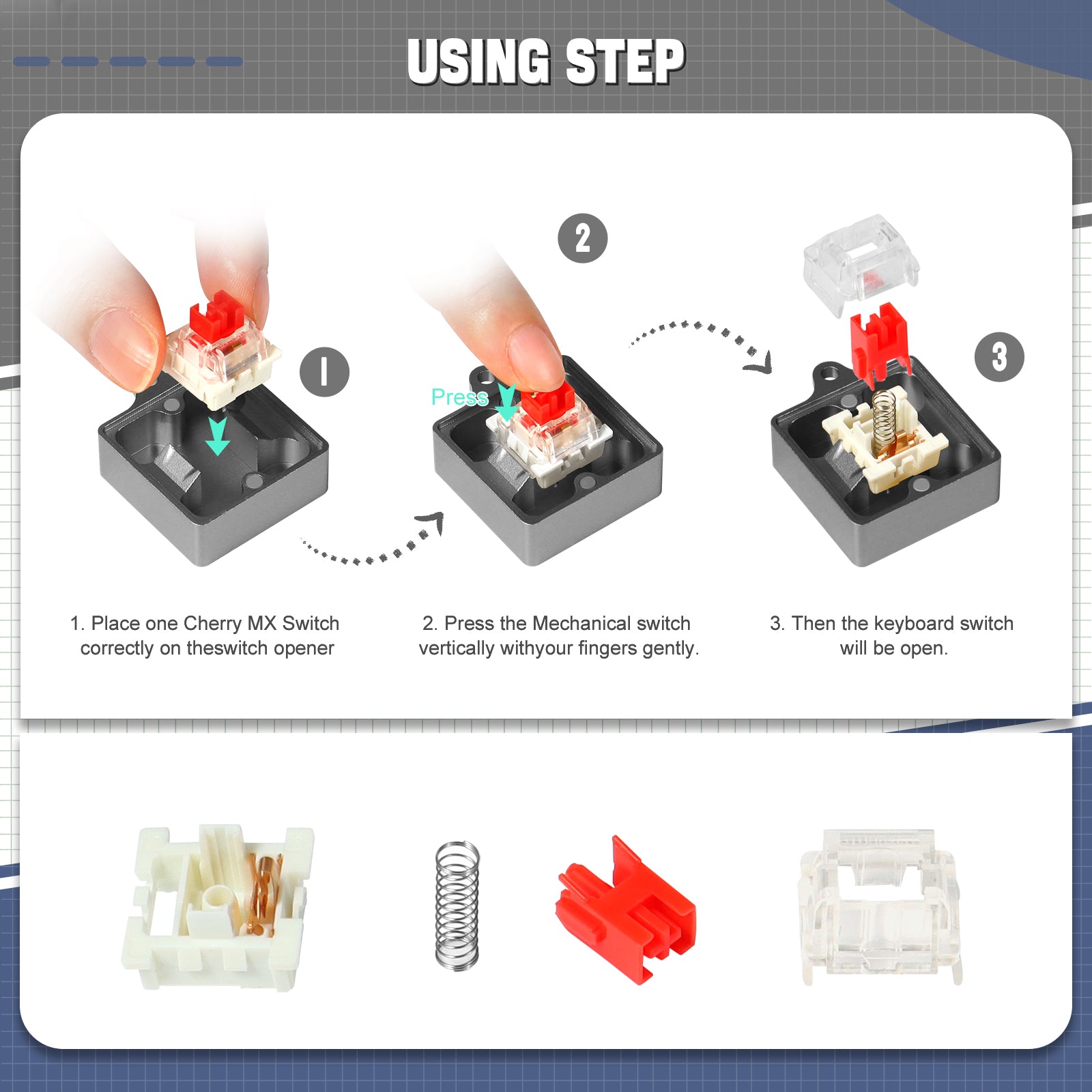 Instructions on using the Cherry MX switch opener kit step-by-step