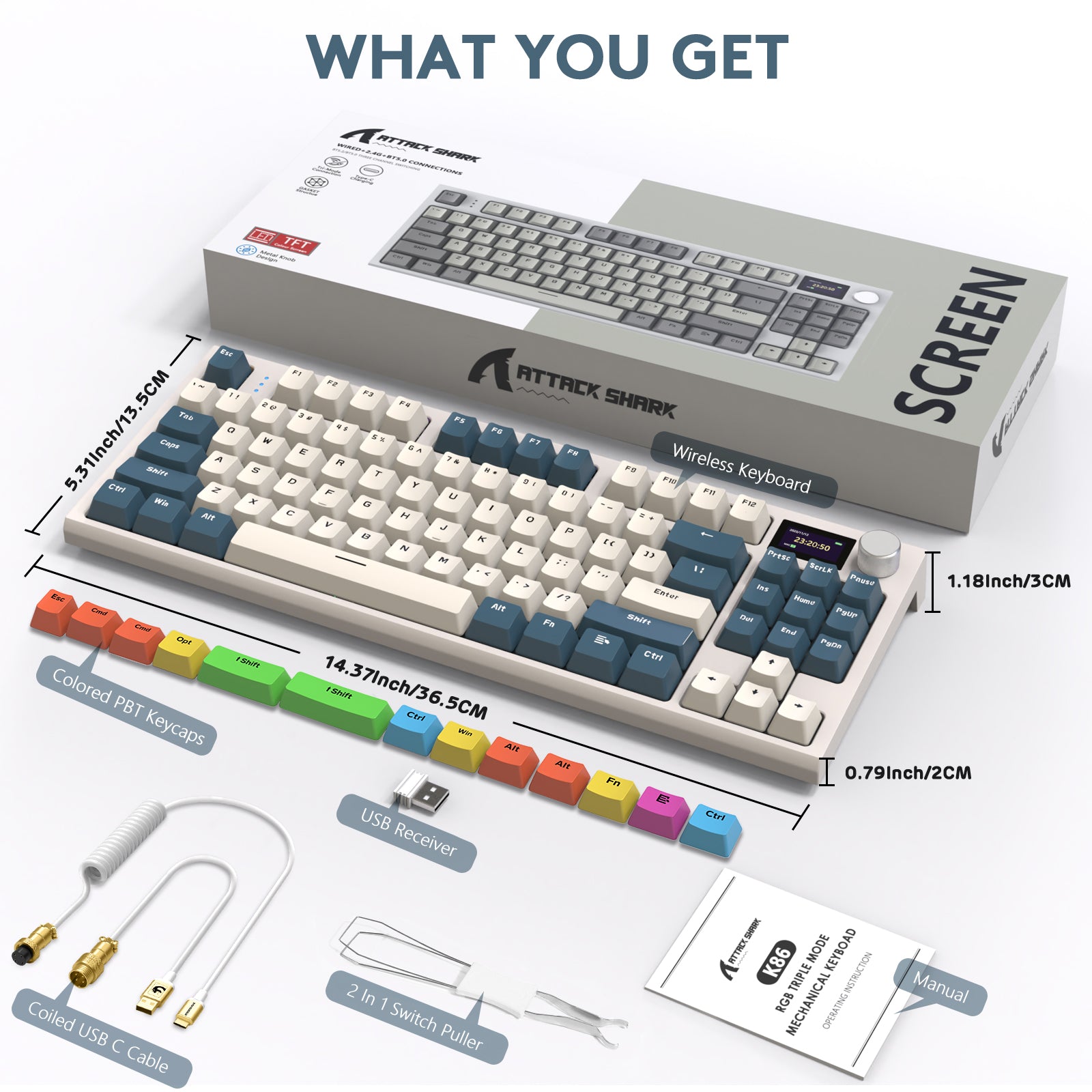 K86PRO keyboard package showcasing colorful keycaps, USB cable, and switch puller.