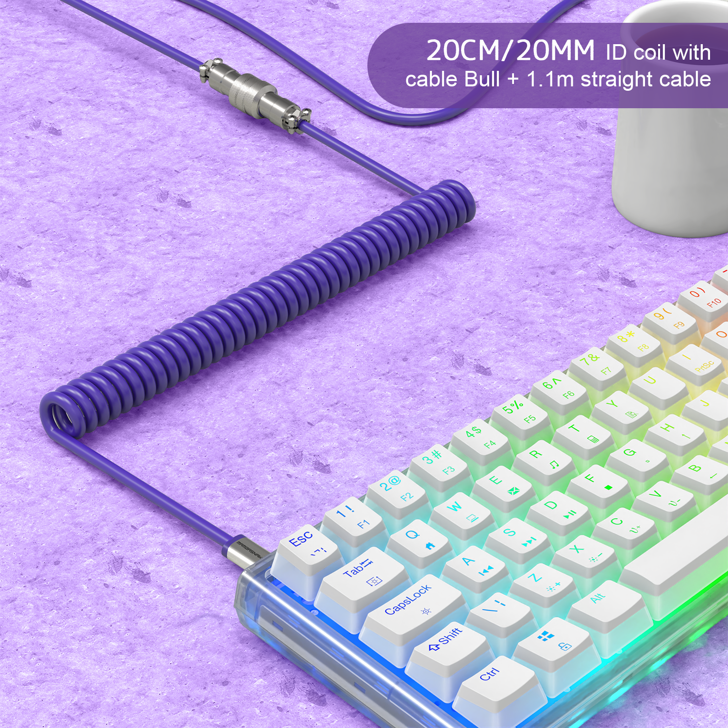 Purple coiled USB-C keyboard cable with detachable aviator connector and straight cable.