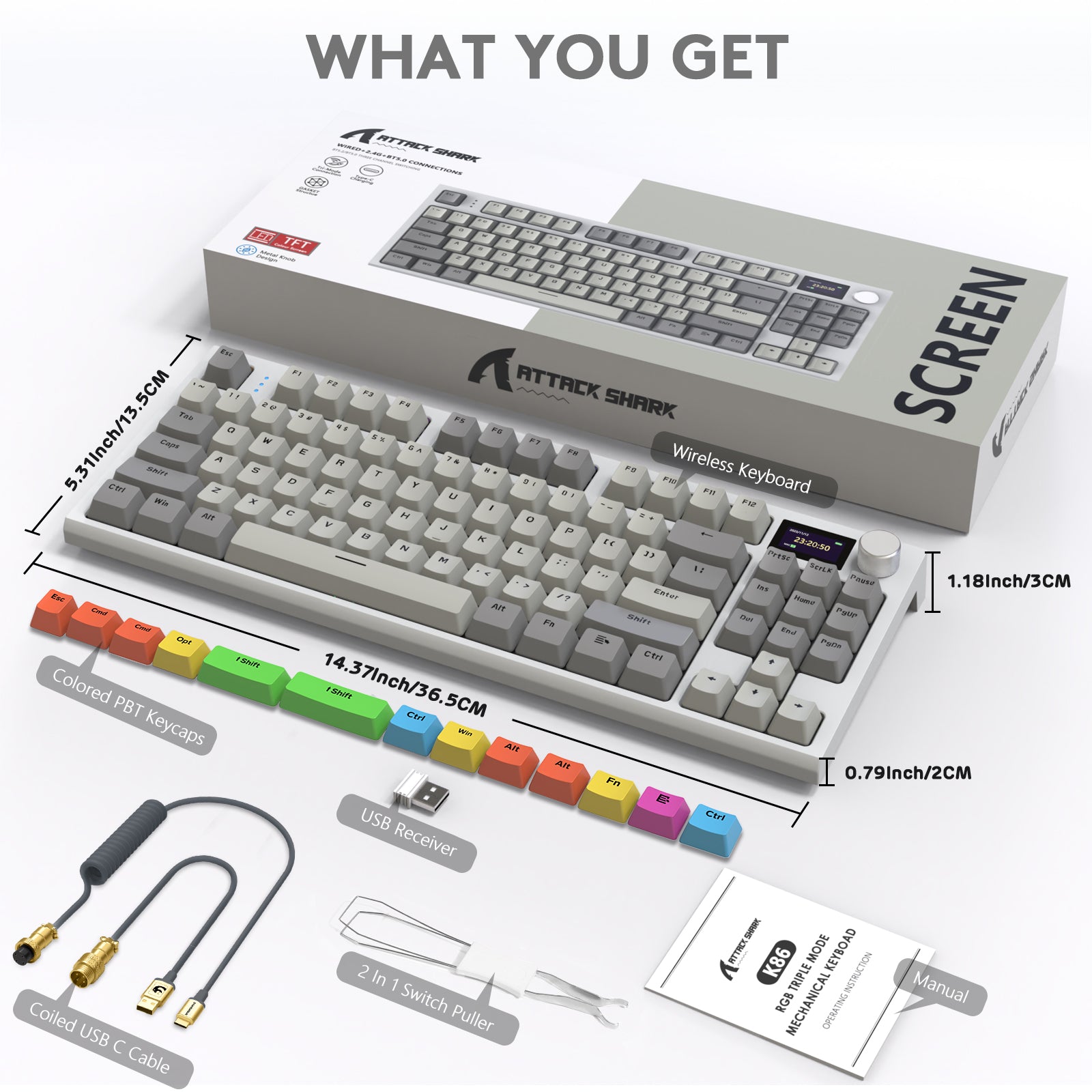 K86PRO wireless keyboard packaging with USB receiver, cable, keycaps, and dimensions.