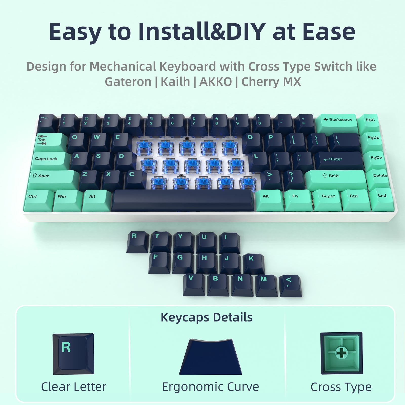 Pastel green mechanical keyboard with ergonomic keycaps compatible with Cherry MX and Gateron.