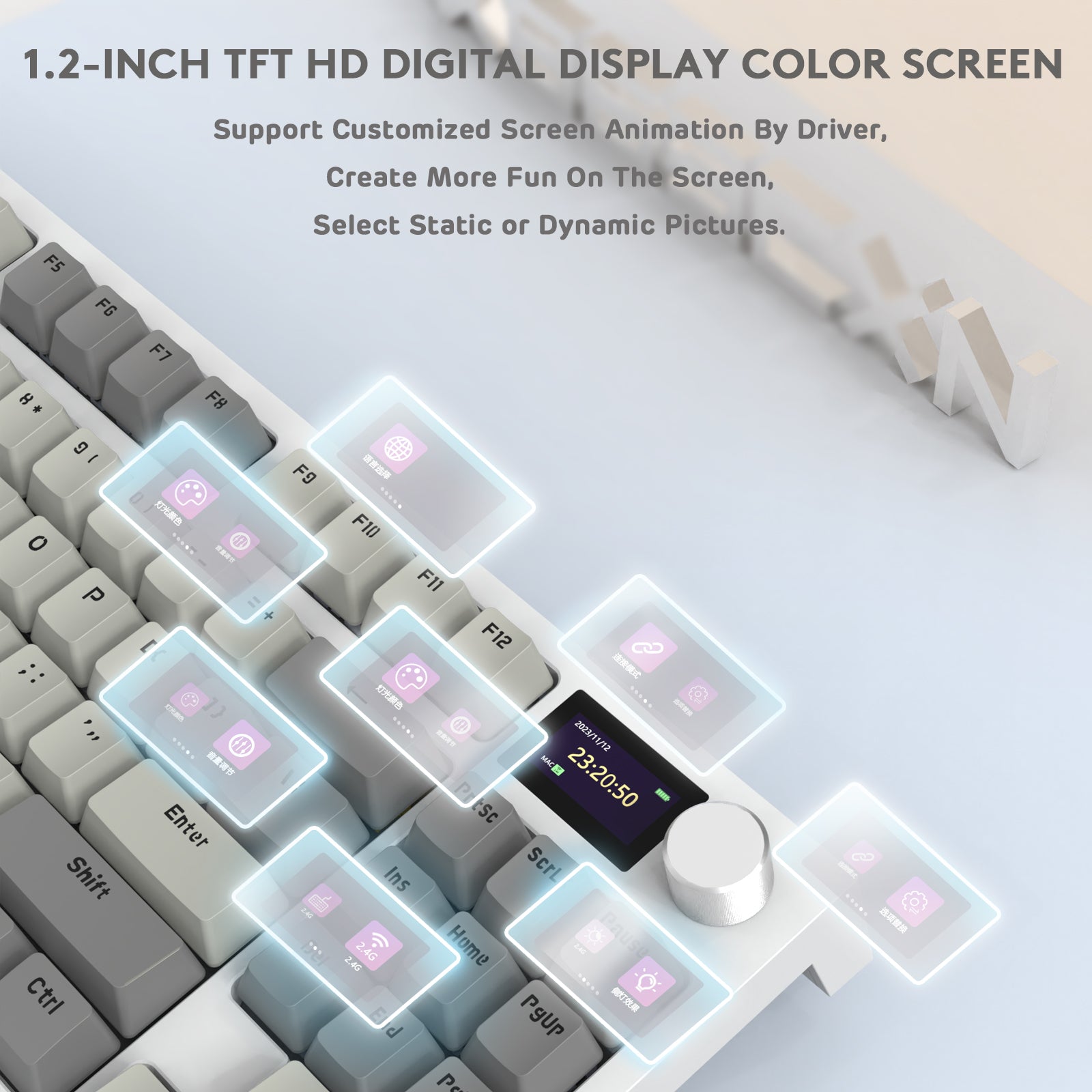 K86PRO keyboard 1.2-inch TFT HD display with customizable animations and function keys.