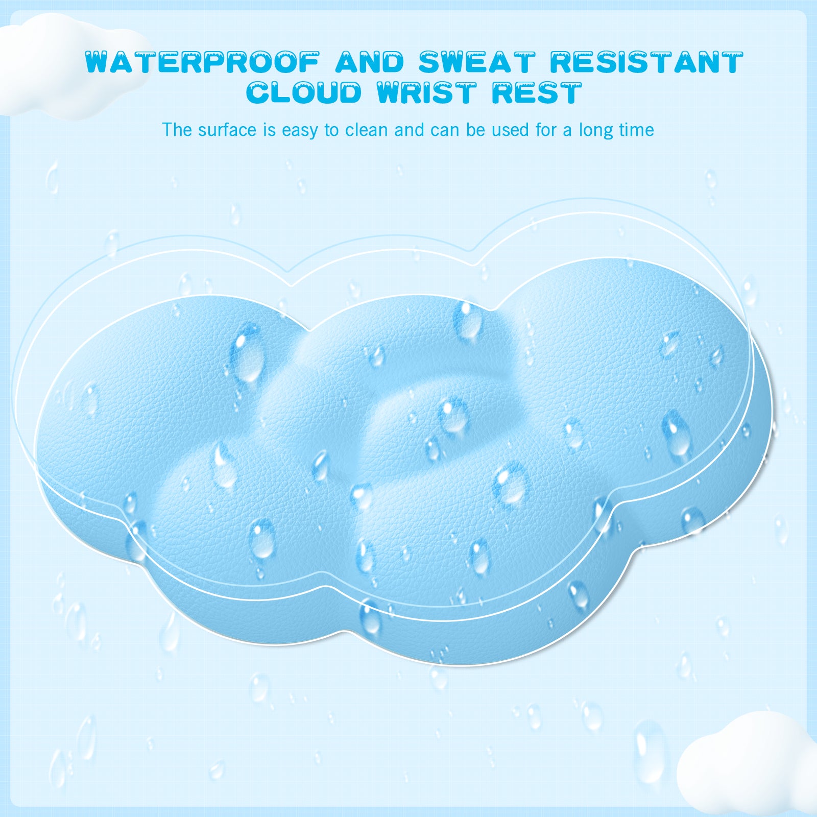 Light blue cloud wrist rest highlighting waterproof and sweat-resistant features