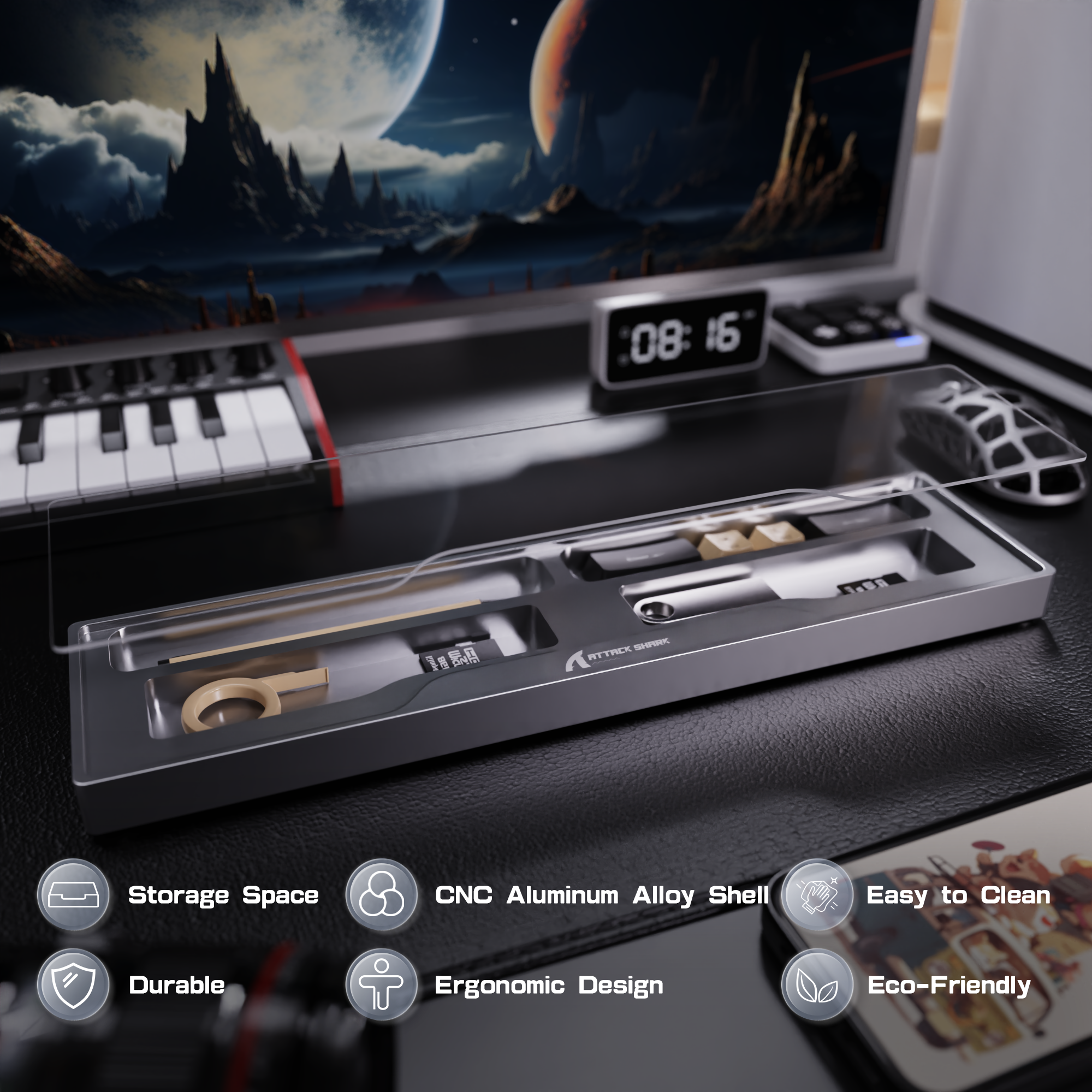 Attack Shark ergonomic aluminum alloy wrist rest with accessory storage and modern design.