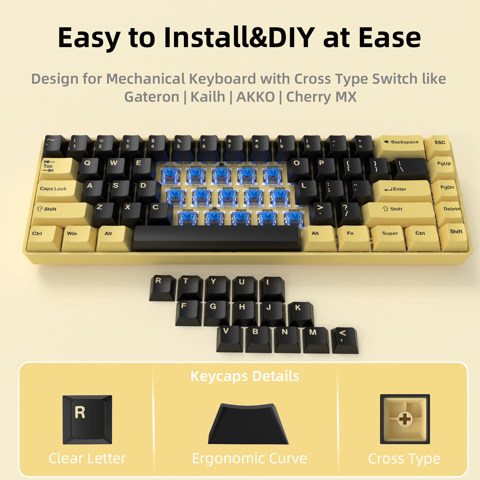 Black and gold PBT keycap set with easy installation for mechanical keyboards.