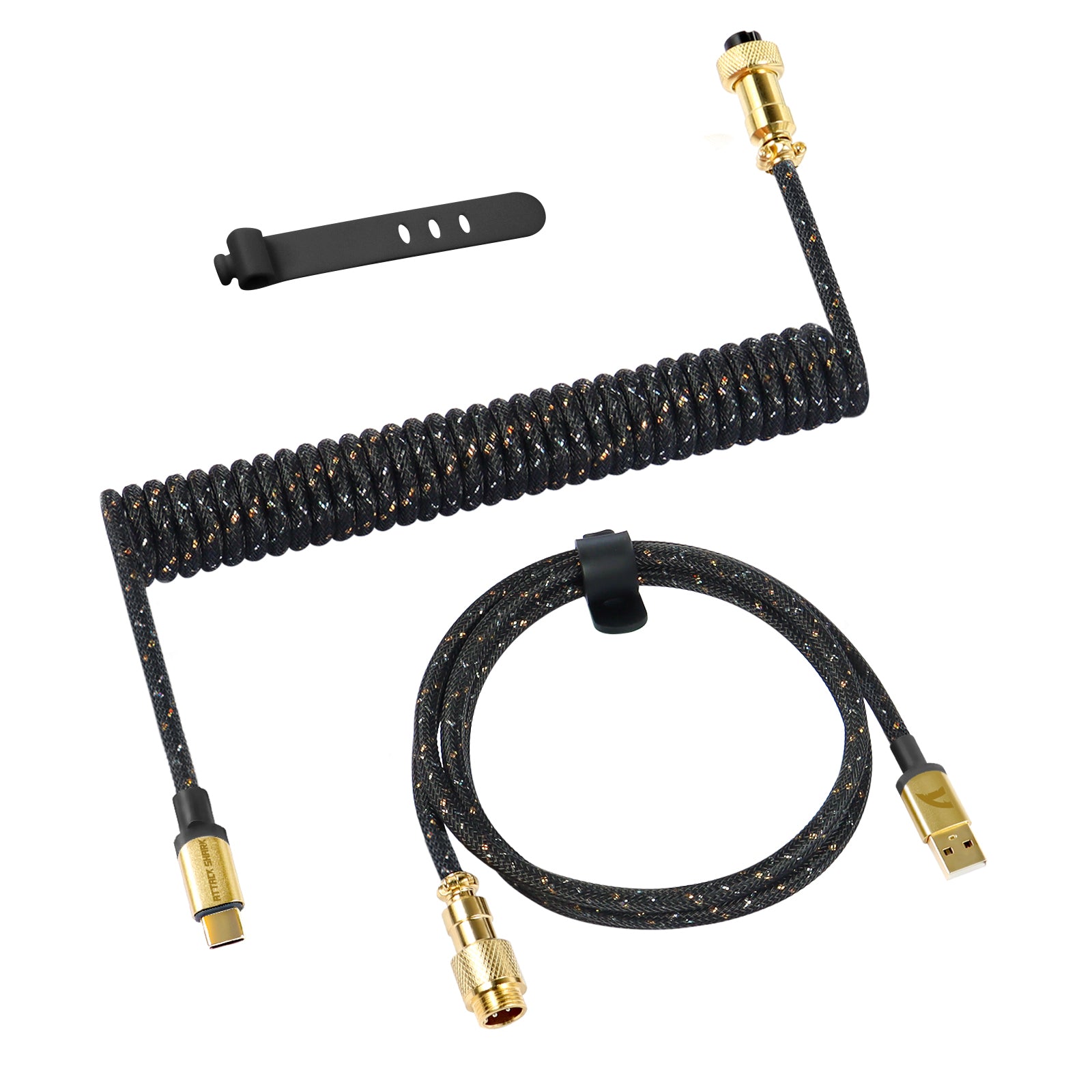 C03 coiled USB-C keyboard cable featuring gold connectors and woven black design.