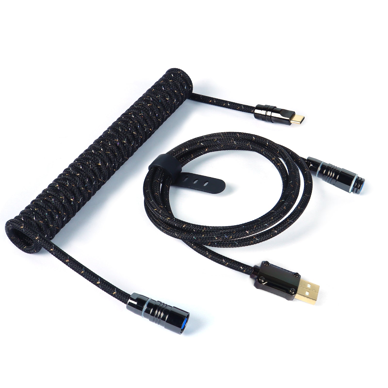 Black coiled USB cable with detachable connectors and braided design for enhanced durability.