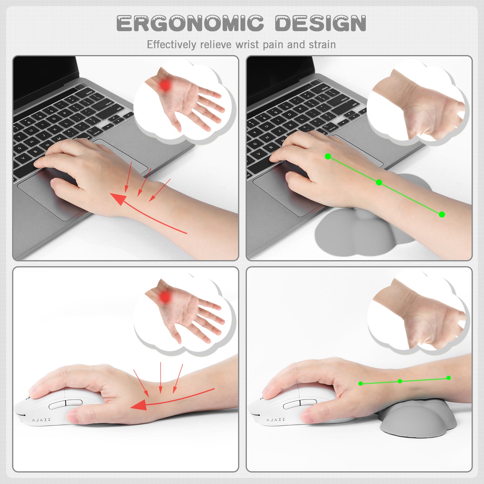 Ergonomic design showing wrist pain relief with cloud wrist rest and mouse usage