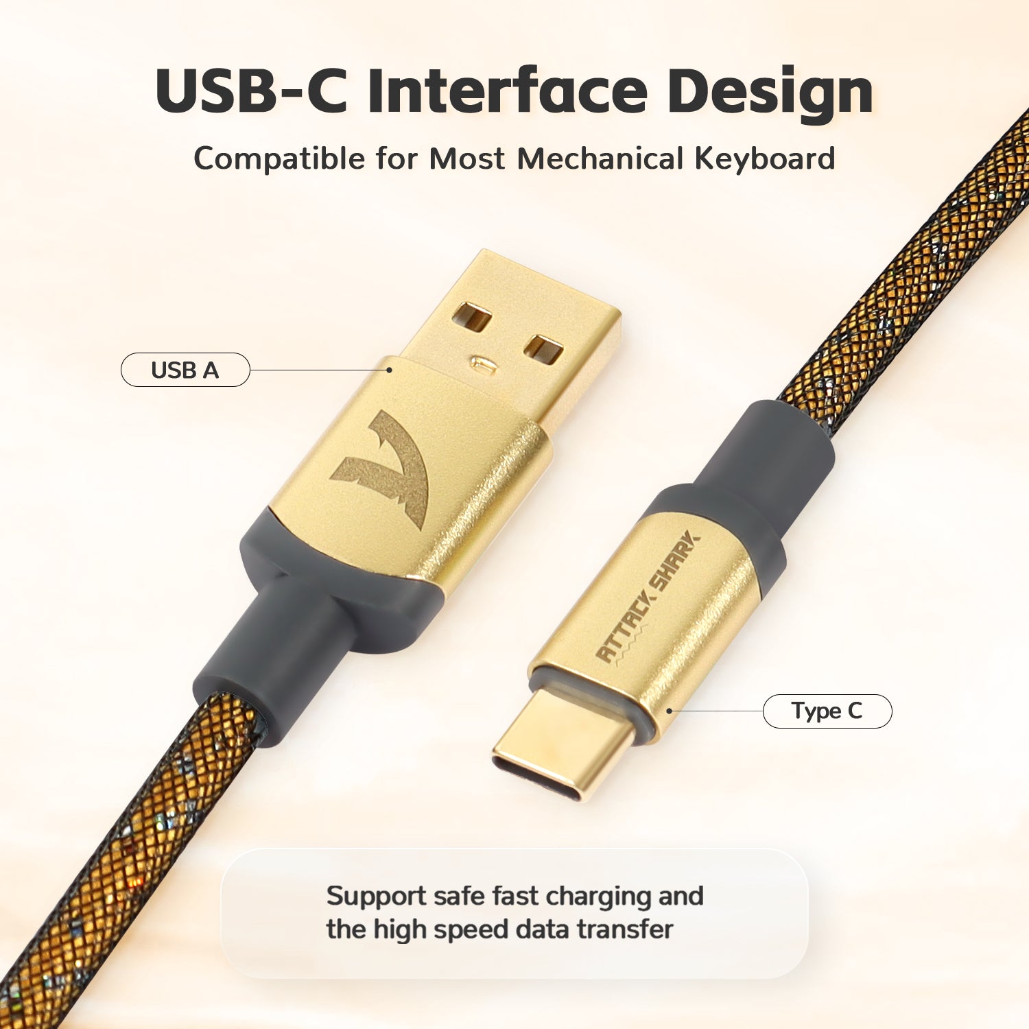 USB-C keyboard cable with gold connectors for fast charging and data transfer.