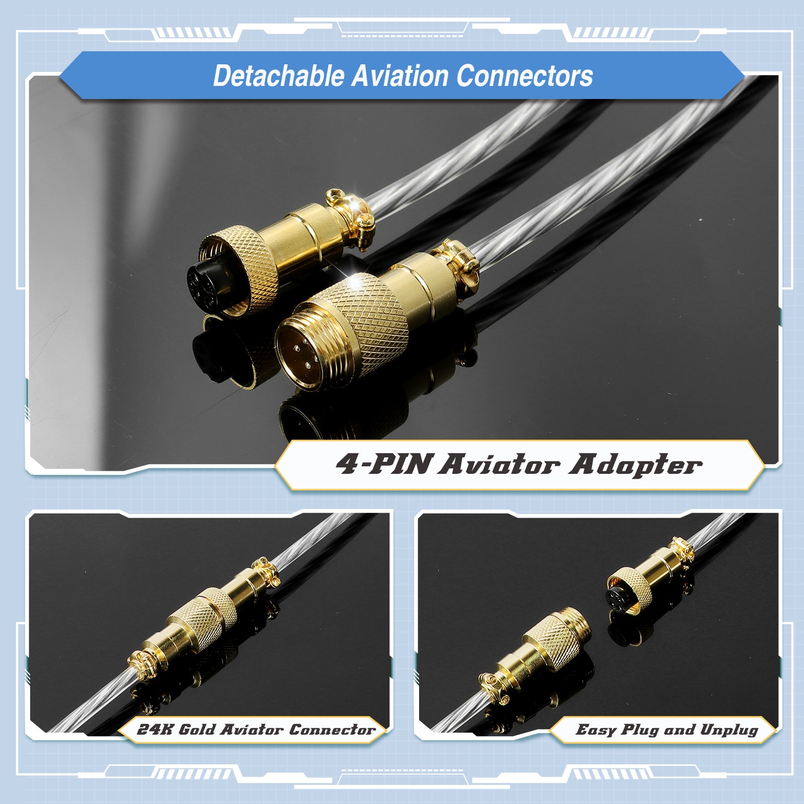 Detachable 4-PIN aviator connectors for USB-C keyboard cables with gold plating.