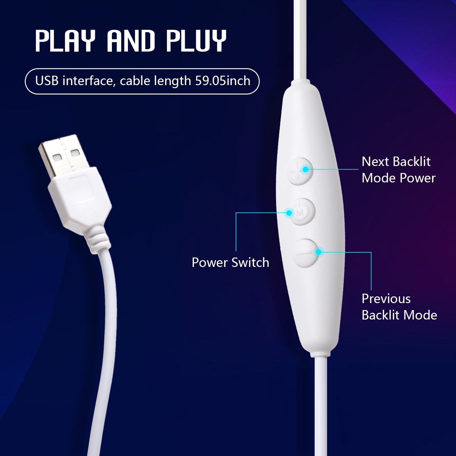 USB interface cable with power and backlight mode controls for RGB keyboard holder