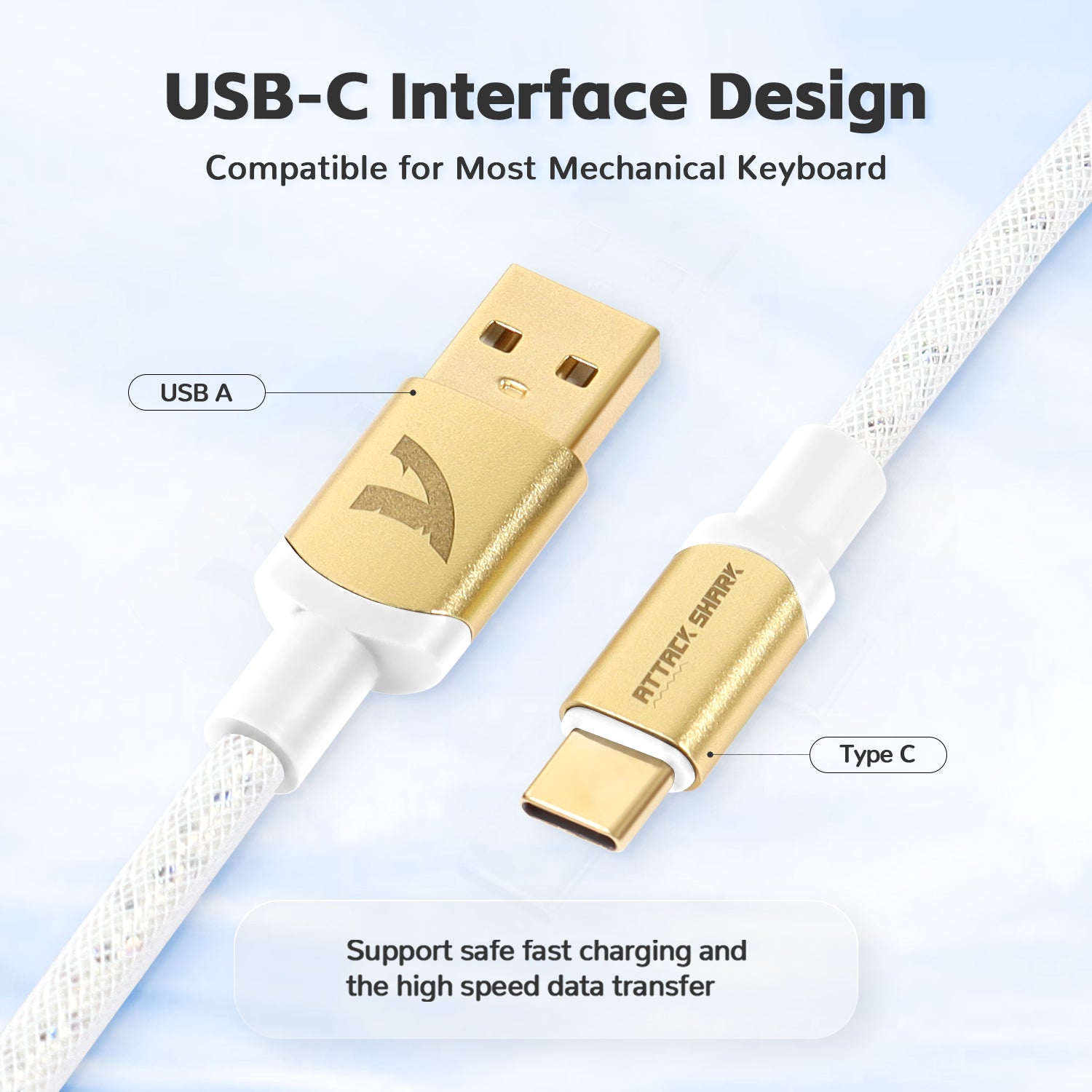 USB-C keyboard cable with gold USB-A and USB-C connectors for fast charging and data transfer