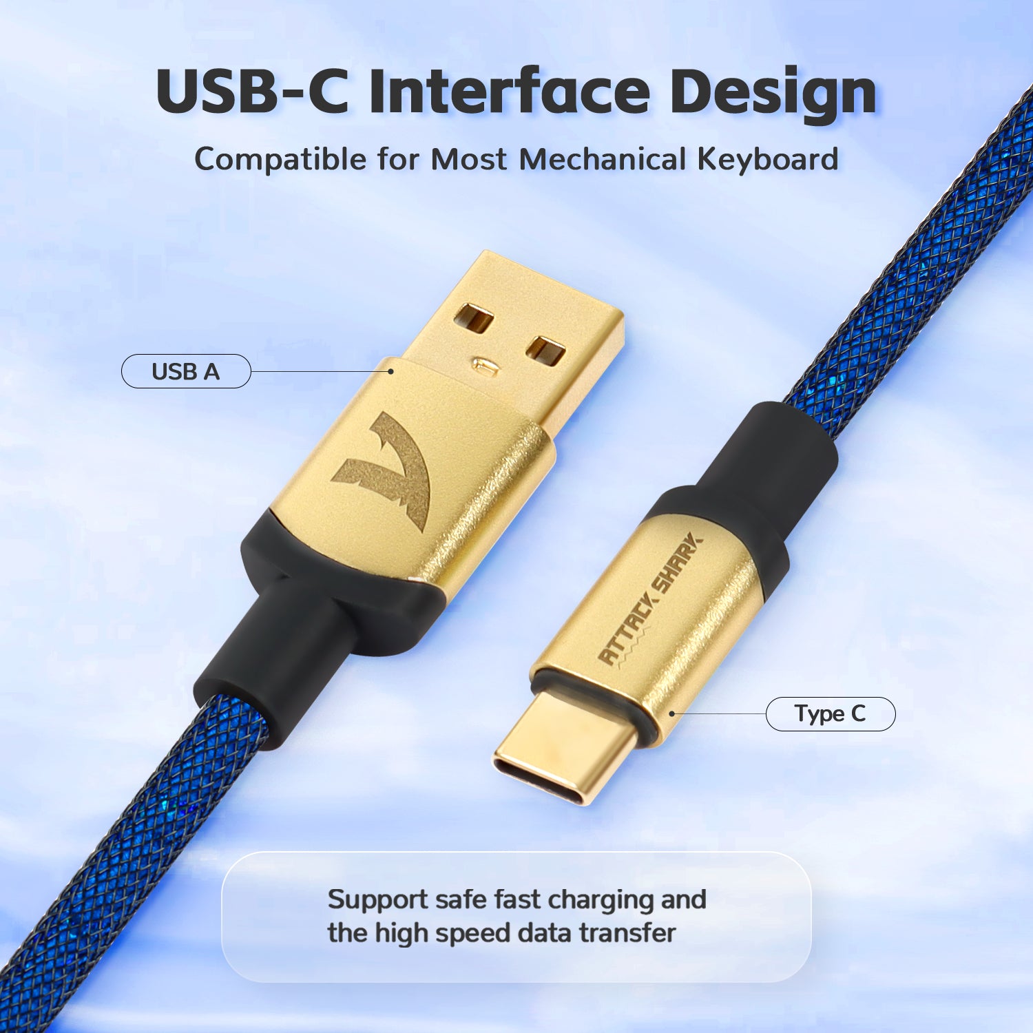 USB-C and USB-A connectors on blue coiled keyboard cable for fast charging.