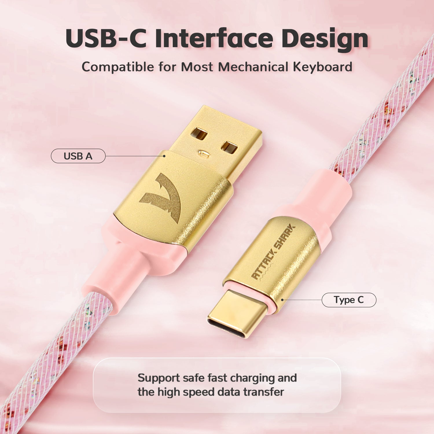 C03 coiled USB-C keyboard cable showing gold-plated connectors and pink woven design.