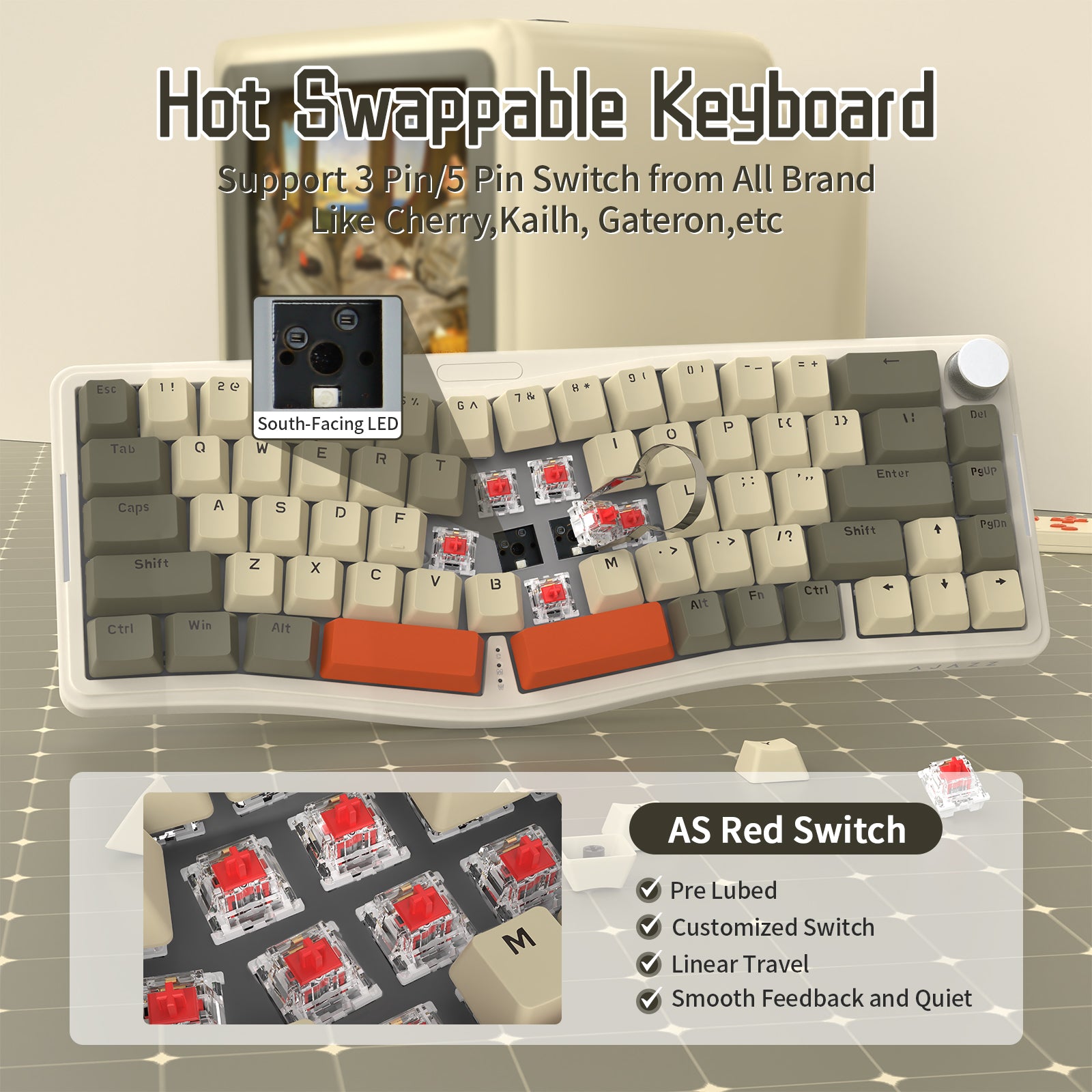 Hot-swappable AKS068 Alice Mechanical Keyboard showcasing AS Red switches and LED.