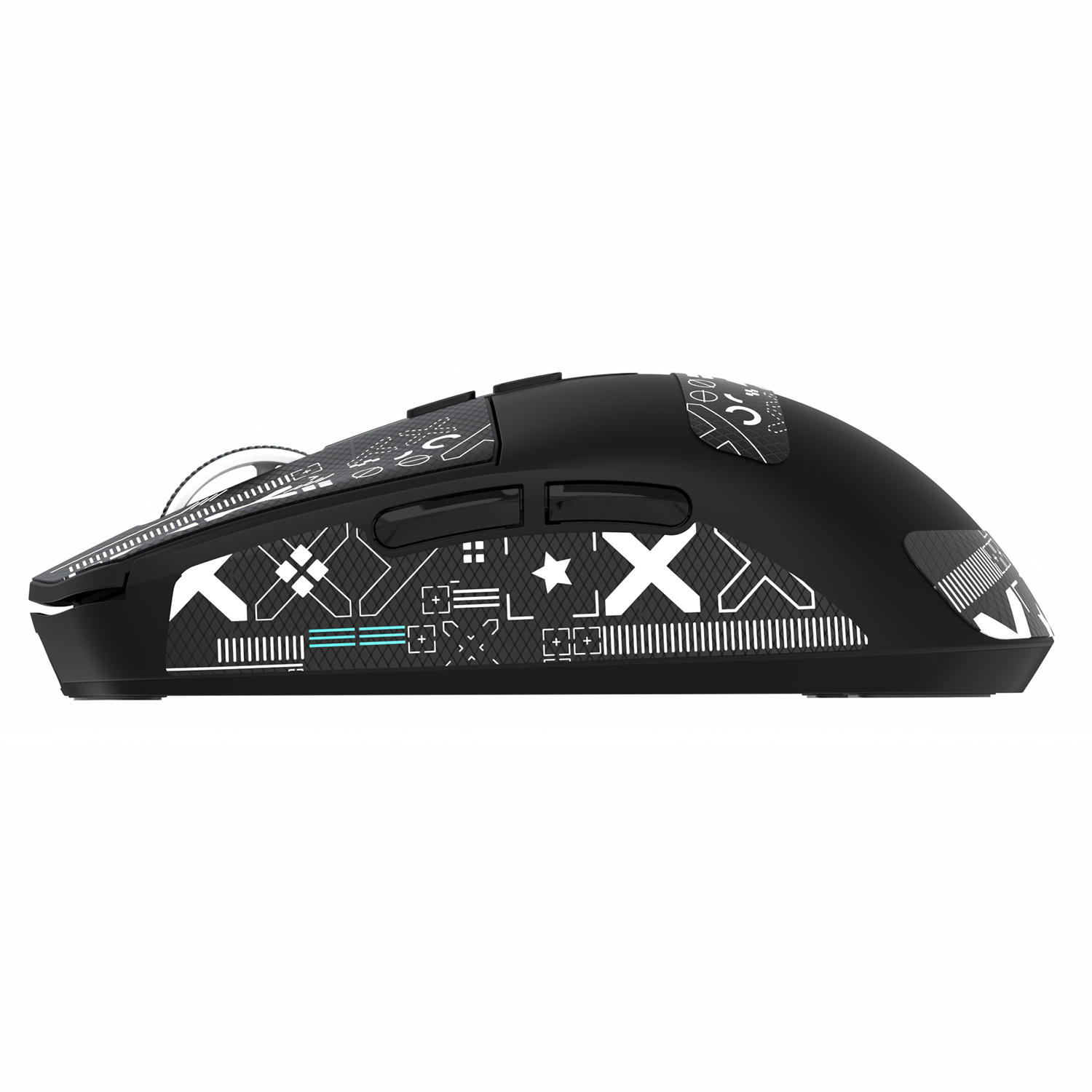 Black gaming mouse with colorful geometric grip tape for improved control and grip.