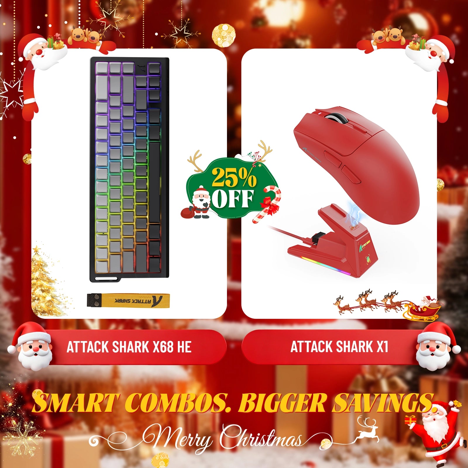 Paquete de teclado de disparo rápido ATTACK SHARK X68HE + ratón inalámbrico para juegos X1