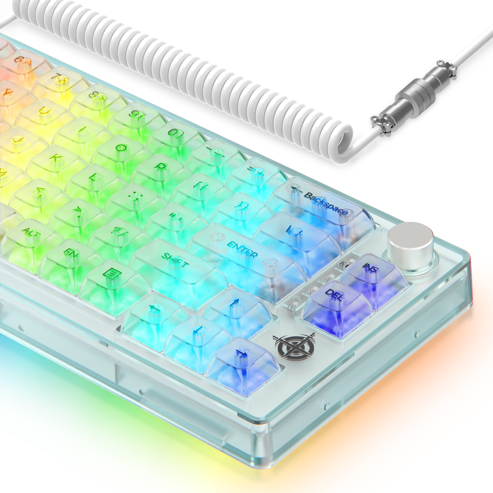 Transparent MK31 mechanical gaming keyboard with RGB backlighting and coiled USB cable.