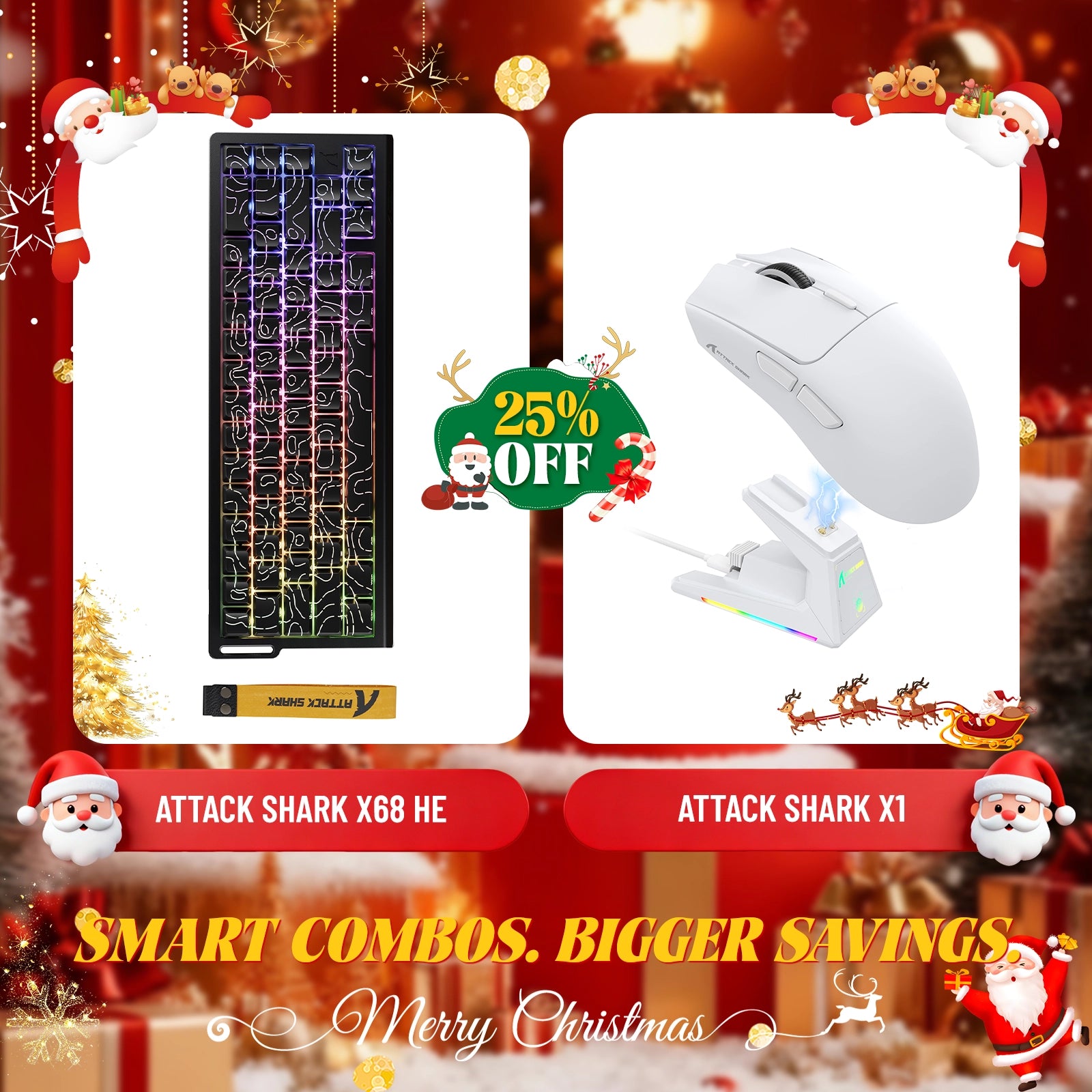 Paquete de teclado de disparo rápido ATTACK SHARK X68HE + ratón inalámbrico para juegos X1