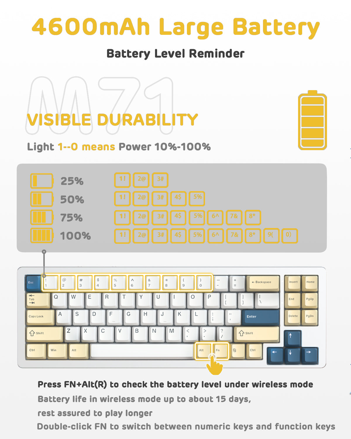 Battery level reminder for Attack Shark M71 keyboard, highlighting 4600mAh capacity.