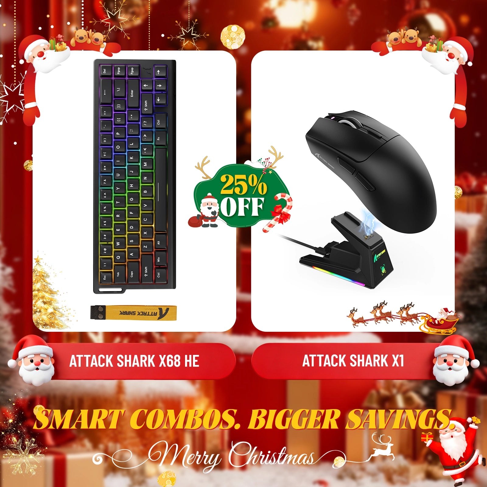 Paquete de teclado de disparo rápido ATTACK SHARK X68HE + ratón inalámbrico para juegos X1