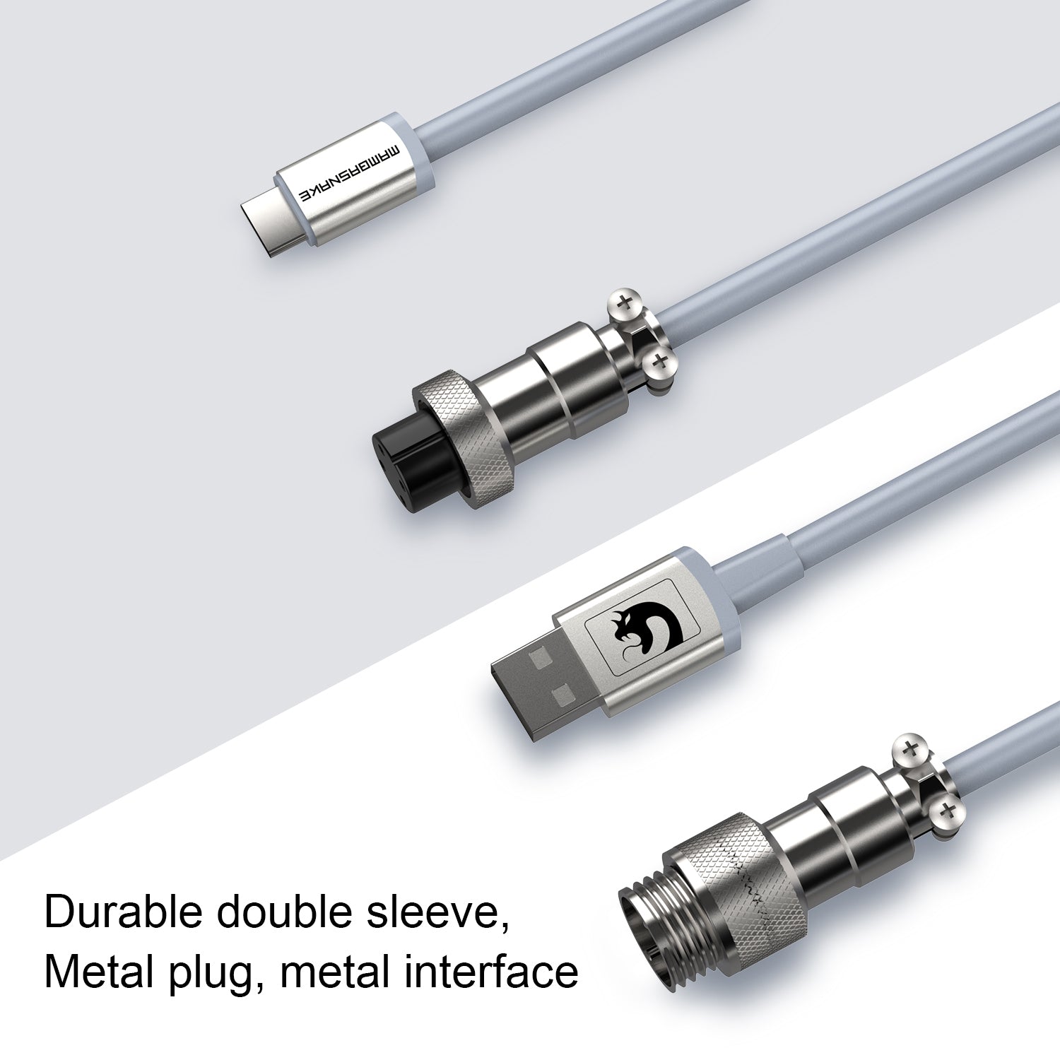 Coiled USB-C cable with aviator connector, durable double sleeve design, and USB-A end.