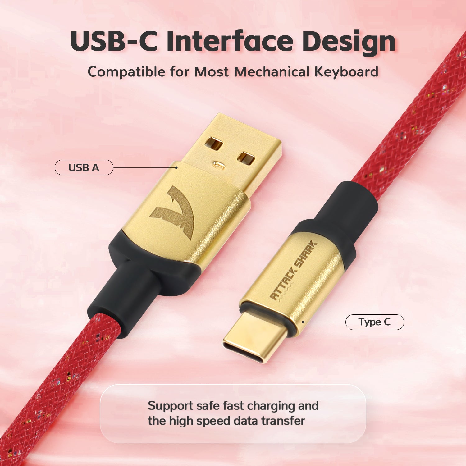 USB-A and USB-C connectors on C03 coiled cable, gold plating for fast charging.