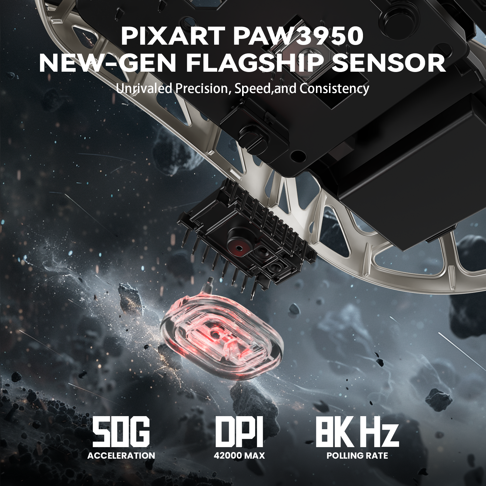 PixArt PAW3950 sensor details: 50g acceleration, 42000 DPI, 8K polling rate for gaming.