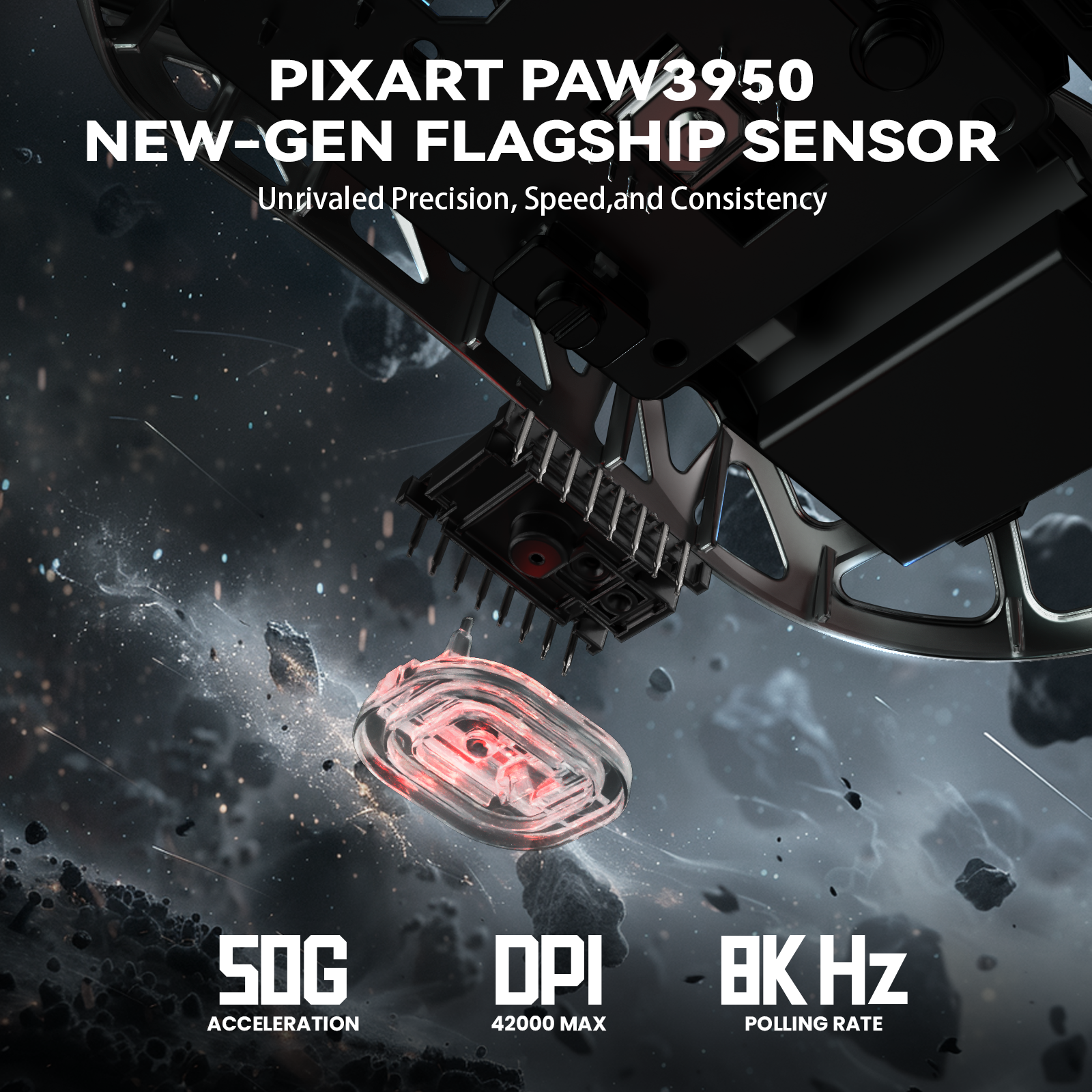 PixArt PAW3950 sensor specs: 50g acceleration, 42000 DPI, 8000Hz polling rate.